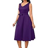 Nmoder Midi Dresses for Women, Sleeveless V Neck Cocktail Dress with Belt Retro Vintage Wedding Guest Dress with Pockets