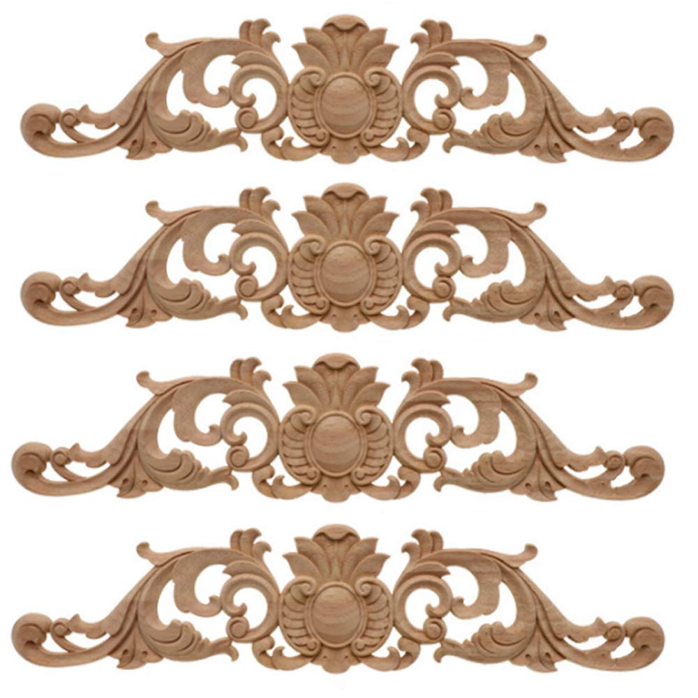 Amasawa 4Pcs Wood Carving Decal,30 * 7 cm Wood Carved Long Applique,Wood Carved Furniture Appliques Corner Onlay Applique Furniture Home Door Decor DIY