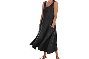 Women Summer Sleeveless Denim Midi Dress Jean Jumper A Line Tunic Sundress Western Long Shift Tank Dress with Pocket