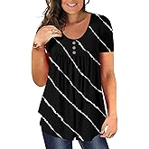 BeadChica Women's Plus Size Tunic Tops Casual Flowy Tshirts Ruched Botton Up Short Sleeve Blouses-Printing-XL