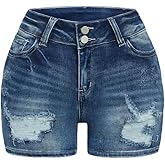 Vonxia Women Mid Rise Summer Denim Shorts Stretchy Folded Hem Ripped Jeans Comfortable Casual Hot Pants for Beach Daily Wear