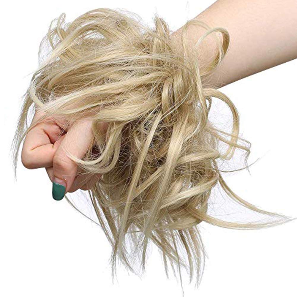 New Tousled Synthetic Hair Bun Hairpiece - Elastic Updo Instant Ponytail Messy Wig Hair Donut - Ash Blonde & Bleach Blonde
