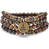 108 Mala Beads Bracelet Necklace with Yoga Symbol Buddha Charm – Gold-Plated Meditation Jewelry, Healing Stone, Ideal Spiritual Gift for Yoga & Meditation