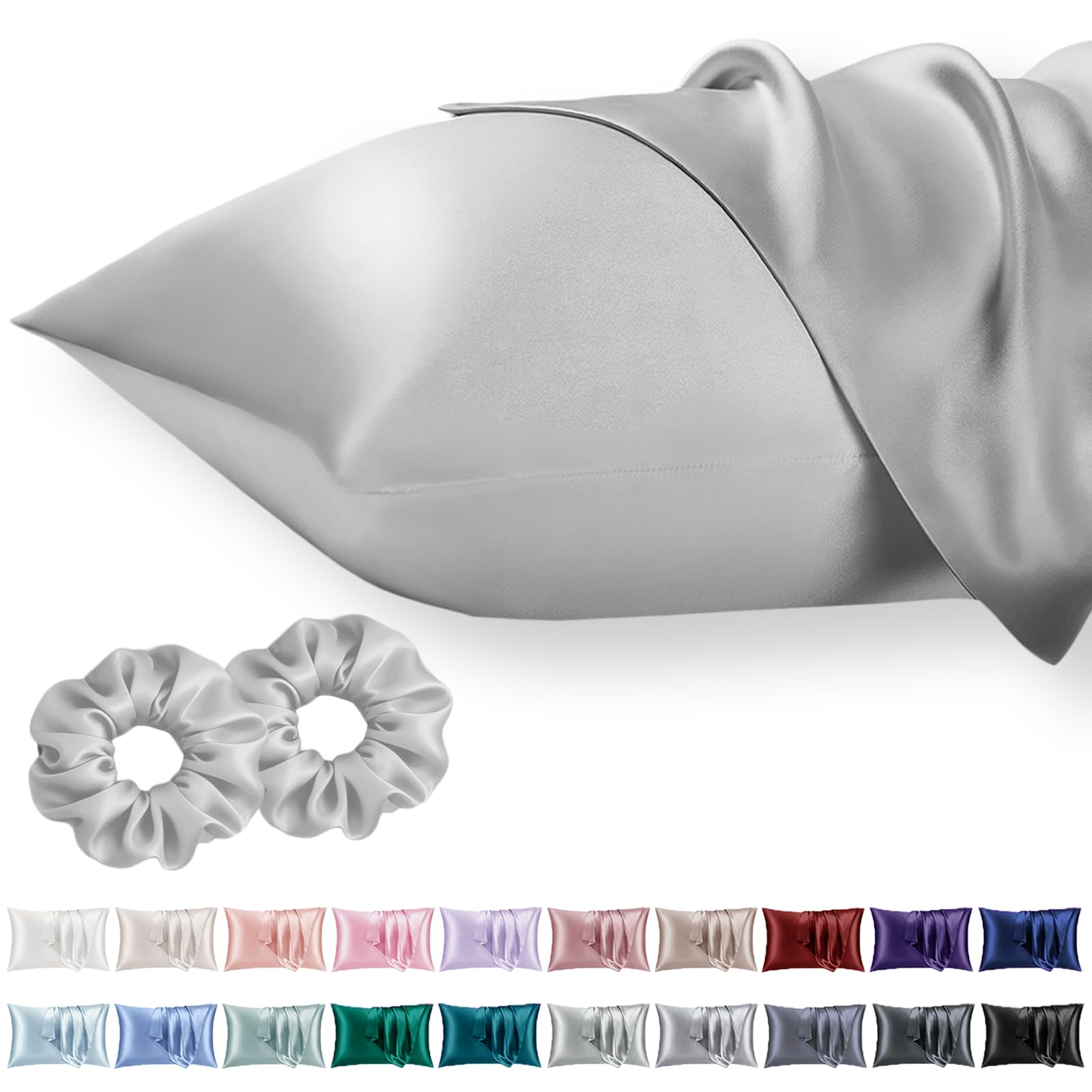 Photo 1 of Vielit Standard Satin Pillowcase for Hair 2pc,Similar to Silk Pillow Cases,Easier Care Than Silk Pillowcase,Gifts for Women Men,Silver Grey,20x26 & Envelope Closure and 2 Satin Scrunchies
