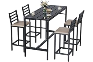 Jinrrenyi 5 Piece Outdoor Patio Bar Set, 54.7" Rectangular Counter Height High Top Bar Tables, 4 Cushioned 41" Bar Stools, Metal Bar Table and Chairs Set for Poolside, Balcony, Backyard, Porch