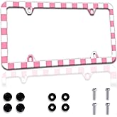 Pink White Checkered License Plate Frames 4 Holes, Personalized Stainless Steel License Plate Cover Holder Car Accessories Decor with Screw Caps for Women Men, 12.3" x 6.3"
