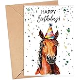 HKDesignGift Horse Birthday Card With Party Hat - Happy Birthday Card - Horse Gift - Zoo Safari Animal Birth - Zoo Greeting Cards - Horses Watercolour Cards - Animal Lover Birth Gift