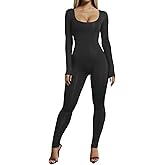 VWIWV Women's Sexy Long Sleeve Scoop Neck High Waist Bodycon Jumpsuits Solid Color One Piece Outfits