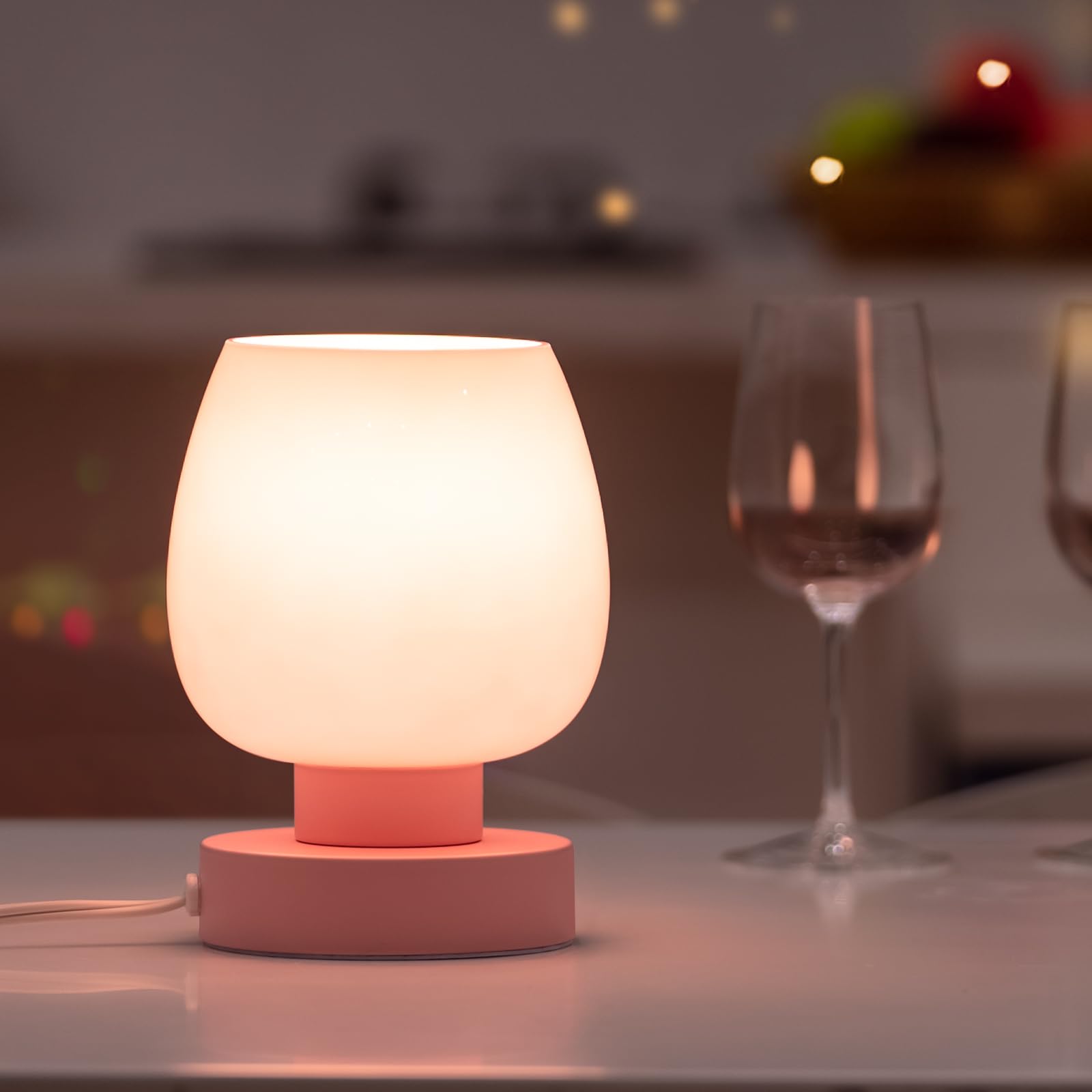 ONEWISH Touch Bedside Table Lamp - Modern Small Lamp for Bedroom Living Room Nightstand, Desk lamp with White Opal Glass Lamp Shade, Warm LED Bulb Included, 3 Way Dimmable, Simple Design Pink