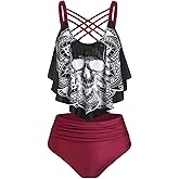 DRESSFO Women's Bikini Set High Waisted Bikini Two Piece Bathing Suit Tummy Control Tankini Gothic Skull Swimsuit