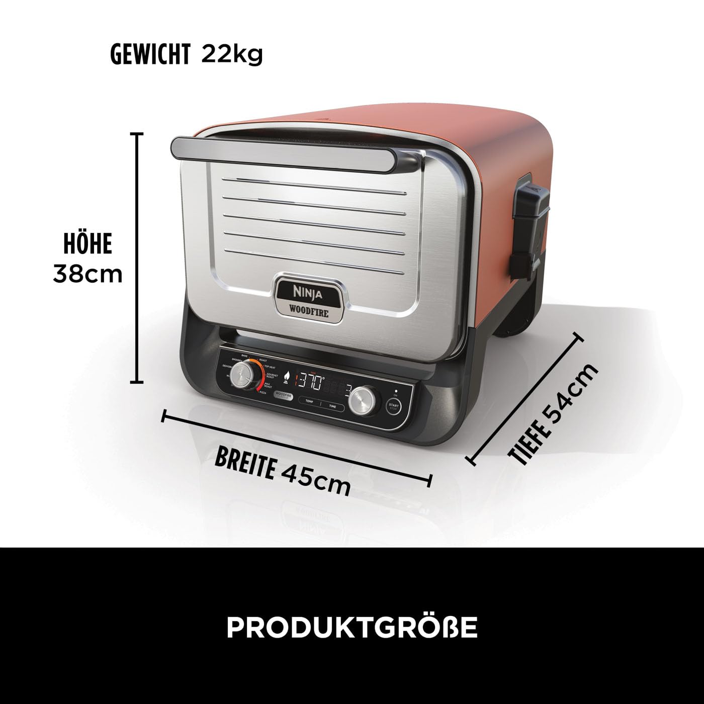 Ninja Woodfire Outdoor-Ofen, 8-in-1-Pizza- Ofen, BBQ-Smoker mit Bratrost, Pro-Heat-Schale, Pizzastein, Holzpellets & Schaufel, elektrisch, 6 Pizza-Einstellungen, Burnt Orange OO101EU 8