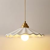 White Scalloped Ceramic Pendant Light, Vintage Kitchen Island Light Fixture | Modern Saucer over Sink Swag Hanging Lighting Fixtures, 12.2in Small Gold Chandelier for Dining Room Bedroom Hallway Entryway