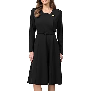 Hobemty Women's A-Line Work Dress Lapel V Neck Long Sleeve Elegant Fit and Flare Dresses with Belted