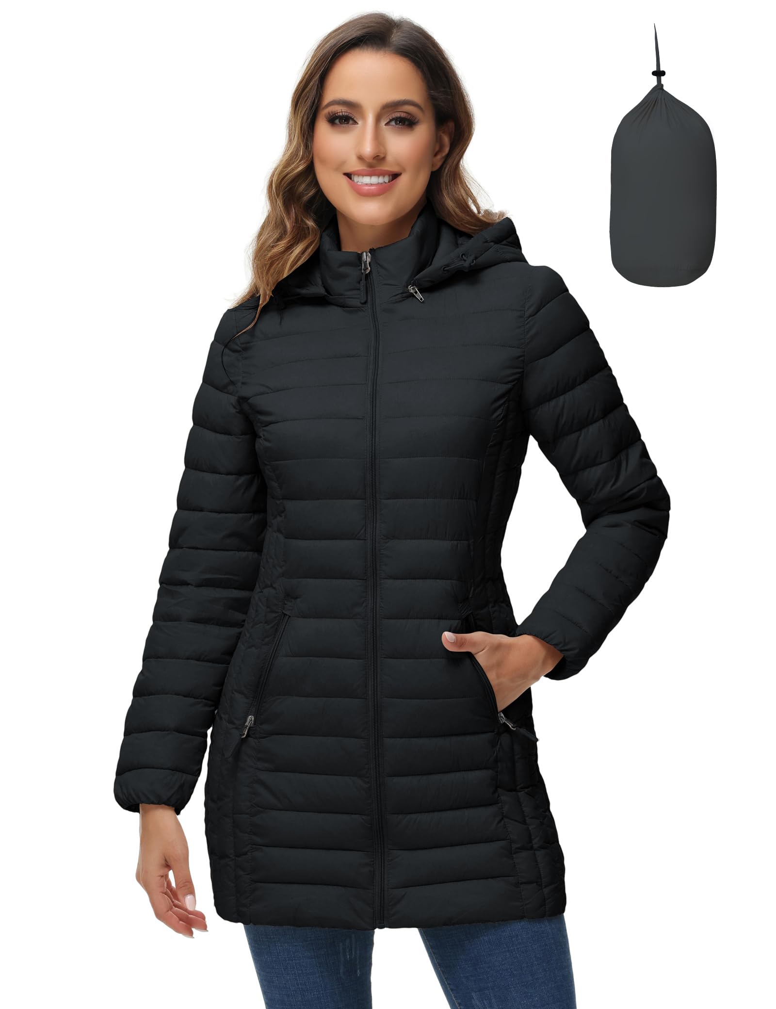 Photo 1 of ROYAL MATRIX Women's Packable Puffer Jacket with Hood, Lightweight Quilted Travel Long Puffer Coat with Pockets Black, M