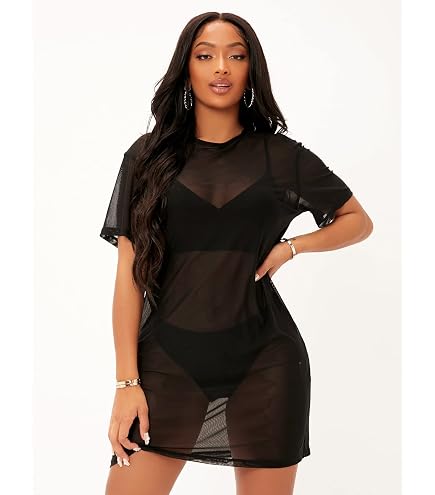 EsEiCo Womens Tee Shirt Dress Short Sleeve Mock Neck Mesh Dress Short Tshirt Dress with Cami Black, X-Small at Amazon Women's Clothing store
