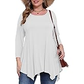 BELAROI Plus Size Tops for Women Fall Tunic Tops to Wear with Leggings 3/4 Sleeve Casual Swing Loose T Shirts Blouse(5X, White)