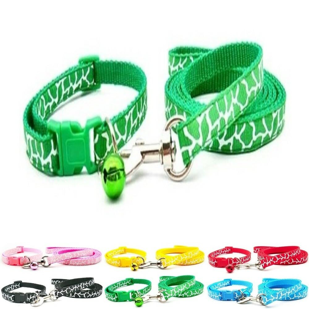 Small Dog Puppy Pet Collar and Lead Set Zebra Giraffe Animal Print Design Nylon Adjustable Size 19-32cm Collar with Bell and 120cm Leash Green — image 1