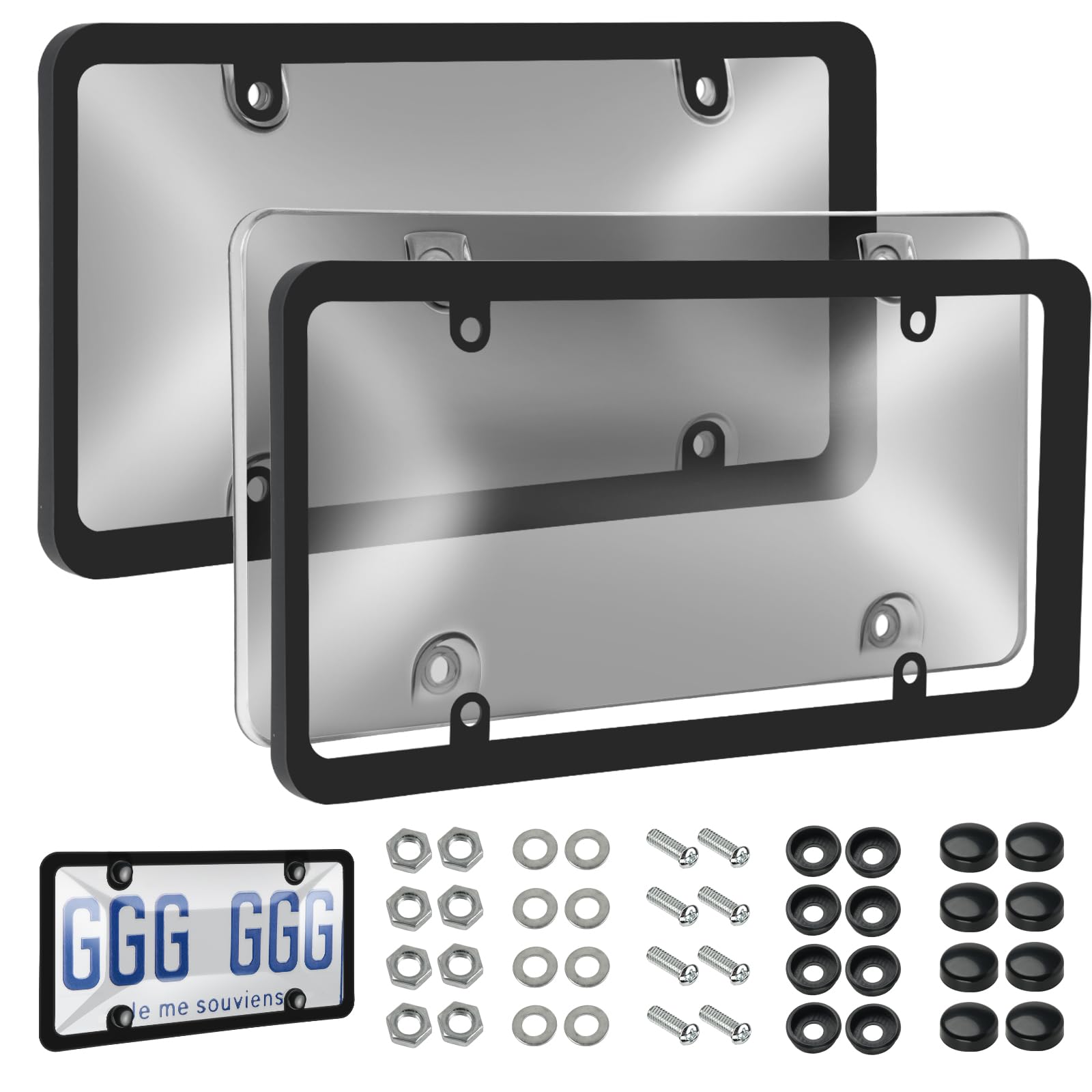 Photo 1 of 2 Pack License Plate Protector and Frames Combo, Plastic Car Front/Rear License Plate Covers ith Screws Caps, Universal Car Accessories for Most Cars