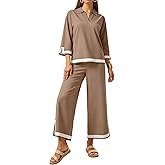 Tanming Women's 2 Piece Outfits 3/4 Sleeve Knit Sweater Top Wide Leg Pants Travel Set Tracksuits
