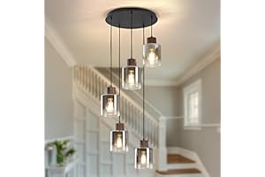 Modern 5-Light Pendant Light Fixture, Black and Walnut Wood Chandelier Light with Gray Gradient Glass Shade, E26 Base Kitchen
