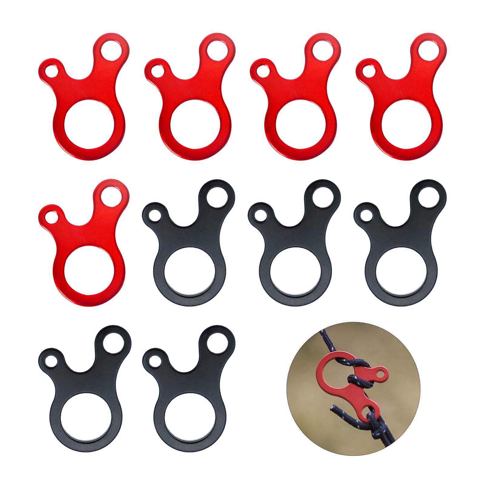 10-Pack Aluminum Wind Cord Buckle Rope Adjuster for Tent Camping Hiking Backpack Outdoor Activities, Rope Tensioner - Wind Cord Tensioner Red and Black