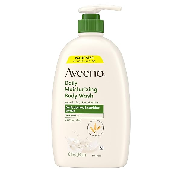 AVEENO DAILY MOISTURIZING BODY WASH FOR WOMEN AND MEN FOR DRY & SENSITIVE SKIN, PARABEN, SOAP & DYE-FREE, GENTLE SHOWER CLEANSER, DERMATOLOGIST RECOMMENDED BRAND, LIGHTLY SCENTED, 33 FL OZ
