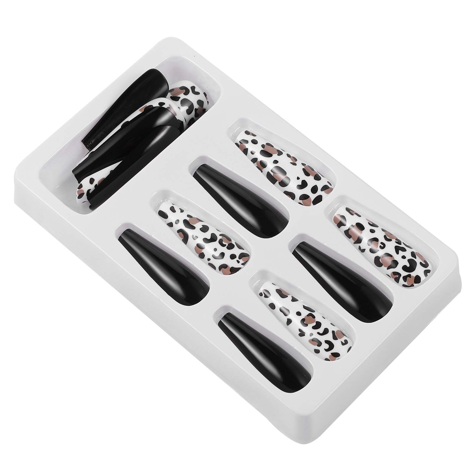 FRCOLOR Black Coffin Press on Nails Leopard Long Fake Nails Glossy False Nails Fashion Full Cover Acrylic Nails Press on Fake Nails Tips Nail Art Decorations for Women Girls 24pcs