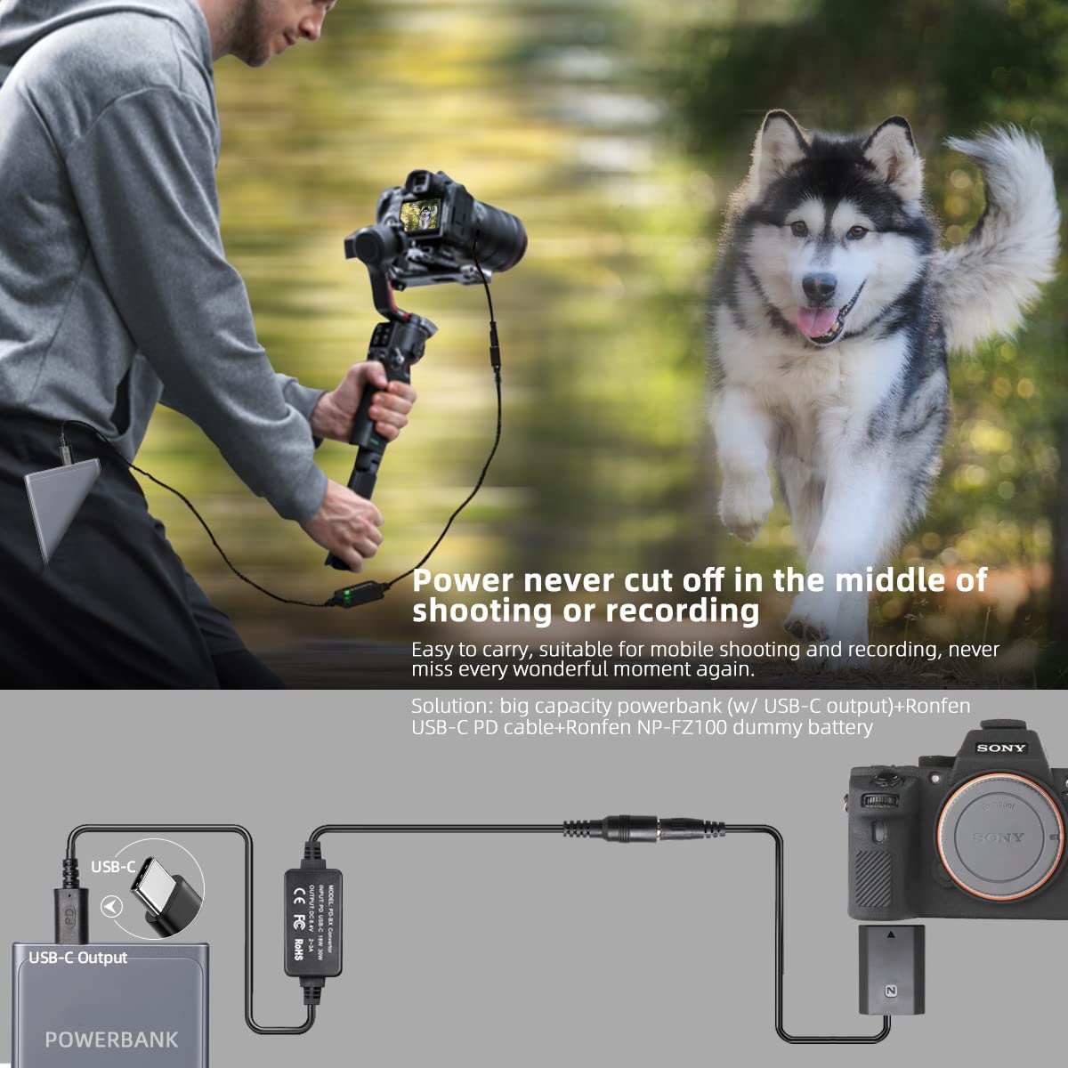 RONFEN NP-FZ100 Dummy Battery DC Coupler USB-C Cable PD Adapter Kit Replace AC-FZ100 AC Power Adapter for Cameras Sony Alpha 9 A9 II A9R A9S A7 III A7R III A7S III A6600 A7IV A7 IV A7R IV A7C A1 FX3