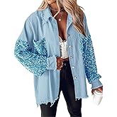 CHICME Womens Denim Jacket Sequin Patchwork Long Sleeve Jackets Top Button Front Oversized Denim Shacket