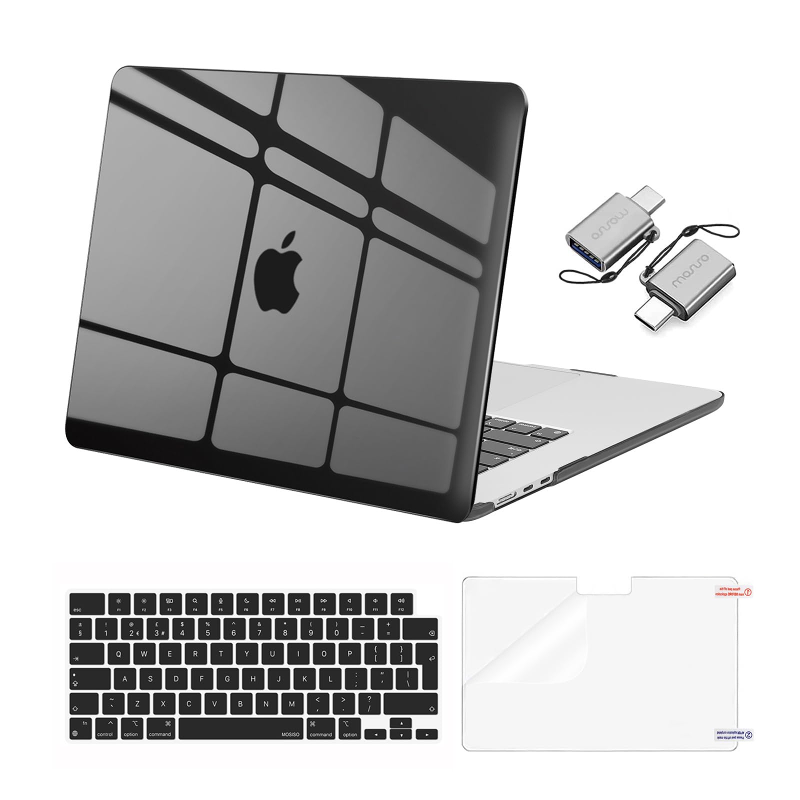 MOSISO Compatible with MacBook Air 15 inch Case 2026-2023 M5 M4 M3 M2 A3448 A3241 A3114 A2941, Scratch Resistant Protective Hard Cover Case &Keyboard Skin&Screen Film&Type C, Smoke Black