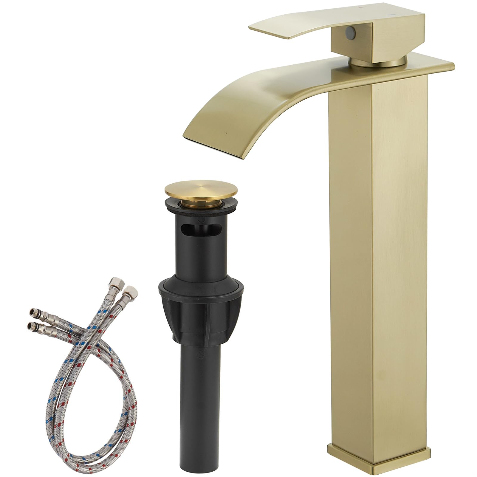 Photo 1 of Bathfinesse Vessel Sink Faucet Brushed Gold Waterfall Spout Faucet for Bathroom Sink Tall Single Handle One Hole Deck Mount Bowl Vanity Sink Taps with Pop-up Drain Stopper