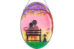 VEWOGARDEN Ellipsoid Stained Glass Window Hanging, A Couple Suncatchers Handmade Stained Glass with Metal Chain Window Art Gifts (12" L * 9" W)