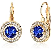 Austrian Crystal Halo Round Drop Leverback Earrings for Women 14K Rose Gold Plated Hypoallergenic Jewelry