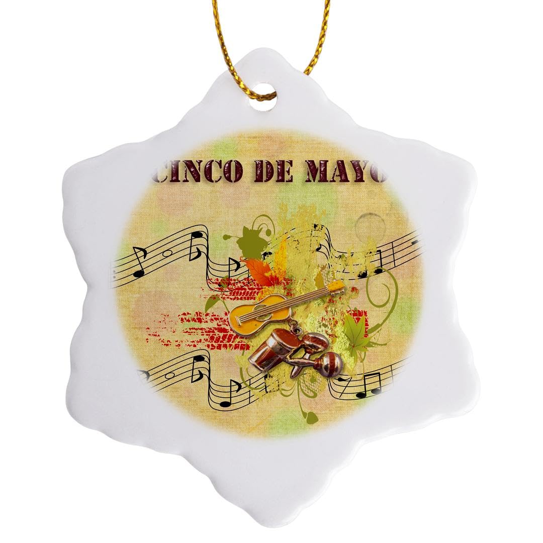 3dRose Cinco De Mayo Maracas, Guitar, Bongos, Musical Notes Abstract, Yellow Snowflake Ornament, 3-Inch