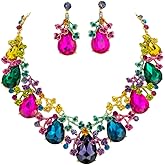 Rosemarie & Jubalee Women's Mesmerizing Colored Crystal Teardrop 3D Metal Vine Statement Necklace Earrings Formal Jewelry Gift Set, 18"+3 Extender