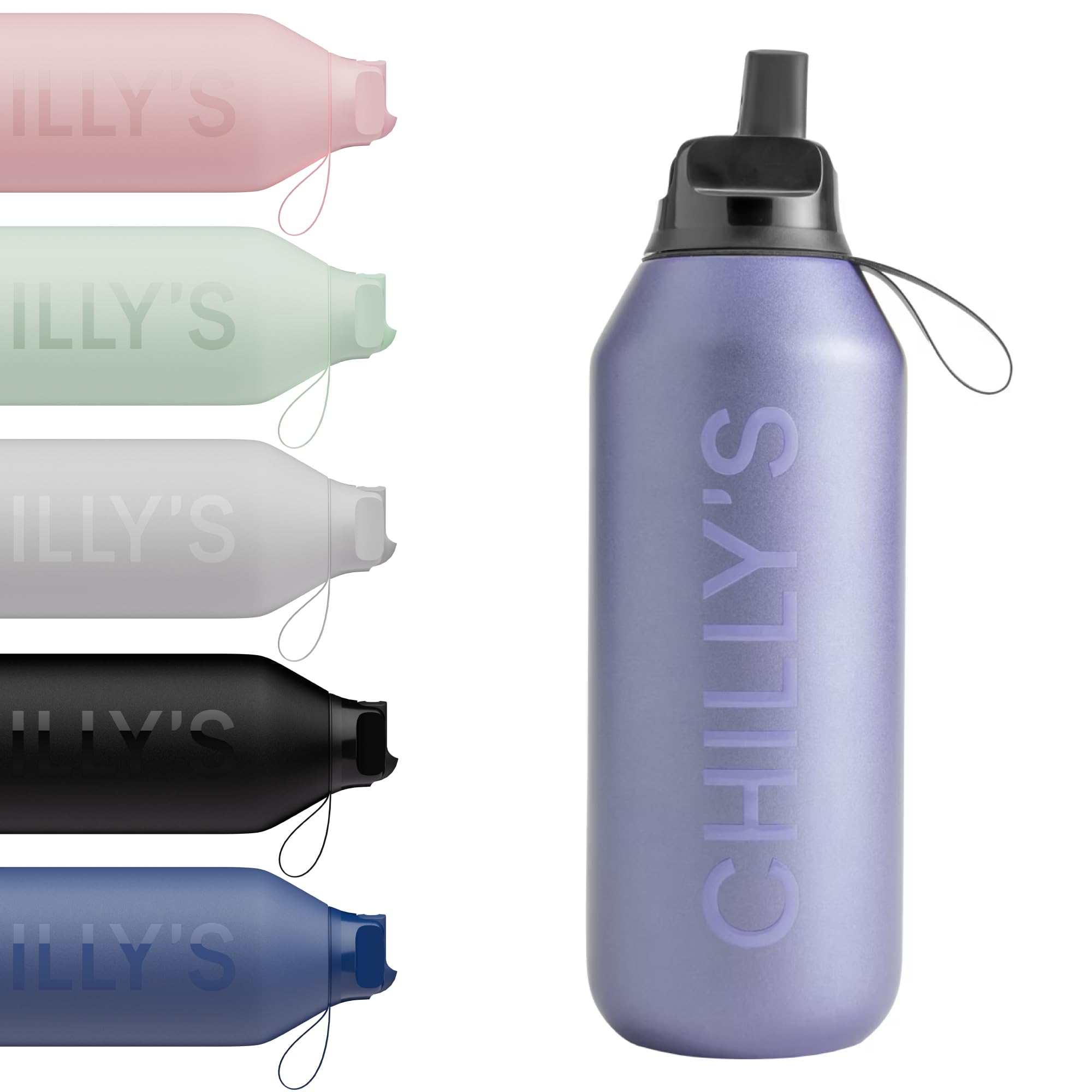 Chilly's Series 2 Flip Water Bottle with Sports Lid - Vacuum Insulated Stainless Steel Water Bottle with Straw, Carry Loop, & Cleaning Brush - No Sweat - 500ml - Lavender — image 1