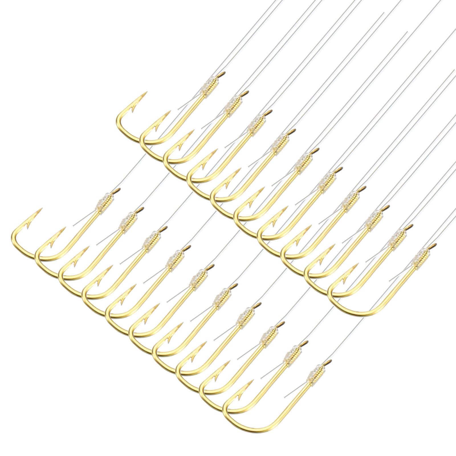 PATIKIL 2# Small Fishing Hooks with 45cm Line, 20Pcs 0.28x0.15 Inch Double Hook Rigs with Barbs Fishing Hook on Nylon Line for Freshwater, Gold Tone