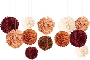 NICROHOME EUR Wedding Party Decorations, 12 PCS Carmine Rust Orange Light Brown Tissue Paper Pom Poms for Rustic Wedding Bridal Shower Retro Party Baby Shower Birthday New Year Party