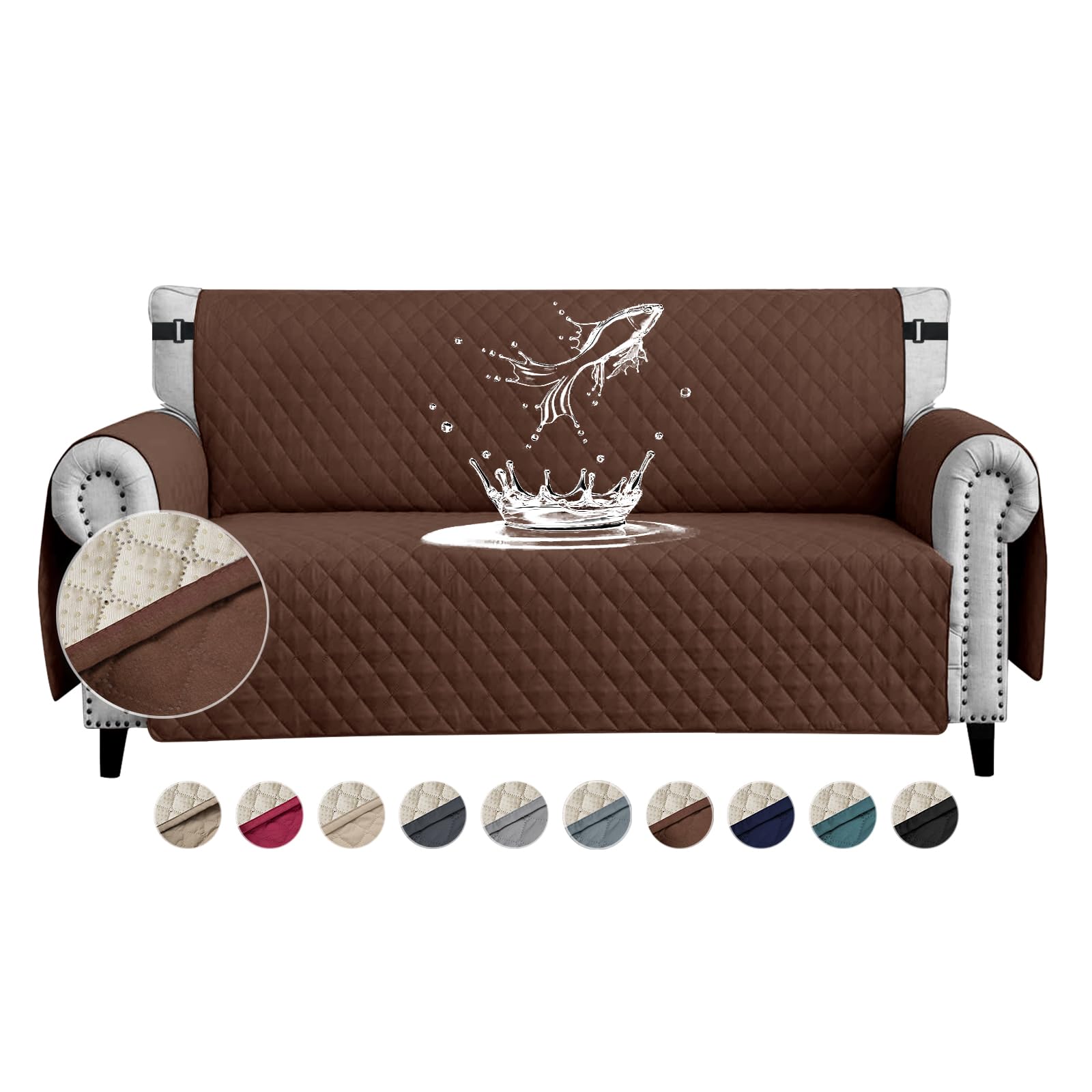 FIGOOO Sofa Covers Water Resistant Sofa Slipcovers 4 Seater Waterproof Anti-Slip Anti-Scratch Sofa Cover with Non Slip Elastic Straps for Dogs Cats Pets,Coffee