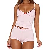 RUEWEY Women 2 Pieces Pajamas Set Bow Loungewear V-Neck Sleeveless Cami Tops and Shorts Sleepwear Outfits