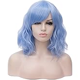 BUFASHION 14" Women Short Wavy Curly Wig Light Blue Bob Wig Cosplay Halloween Synthetic Wigs With Side Bang Wigs (Light Blue)