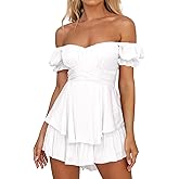 SISROL Rompers for Women Boho Off Shoulder Rompers Short Sleeve Ruffle Layer Back Tie Mini Short Jumpsuit