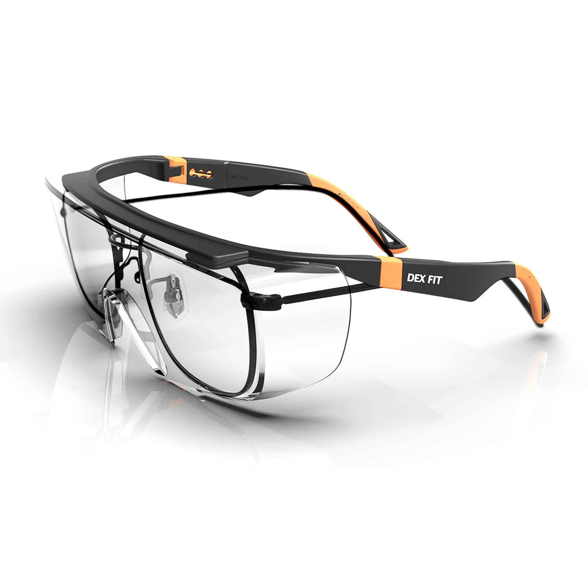 DEX FIT Safety Glasses Over Eyeglasses SG210 - Anti-Fog & Scratch Resistant EN166 Certified, Adjustable Temples, Side Shields, UV Protection, Clear Lens PPE for Men & Women; Black & Orange, 6 Pack