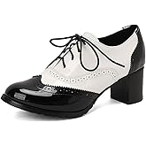 PIVAPAM Womens Vintage Oxfords Shoes 1950s Chunky High Heels Lace Up Wingtip Two Tone Perforated Saddle Pumps Shoes