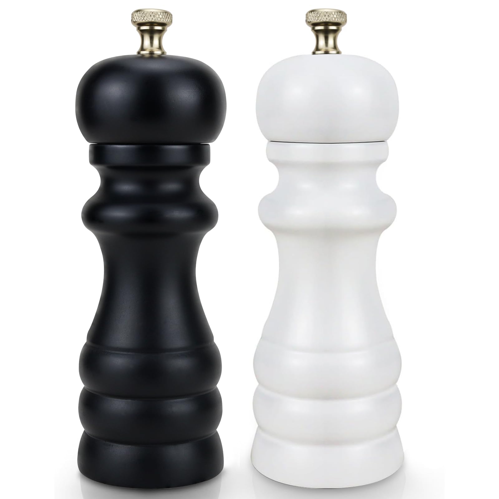 Salt and Pepper Grinder Set, Manual Refillable Salt Grinder, Wooden Salt and Pepper Grinders with Adjustable Ceramic Rotor, Pepper Mills for Home, Kitchen, Cooking (Black & White 2 Pack)