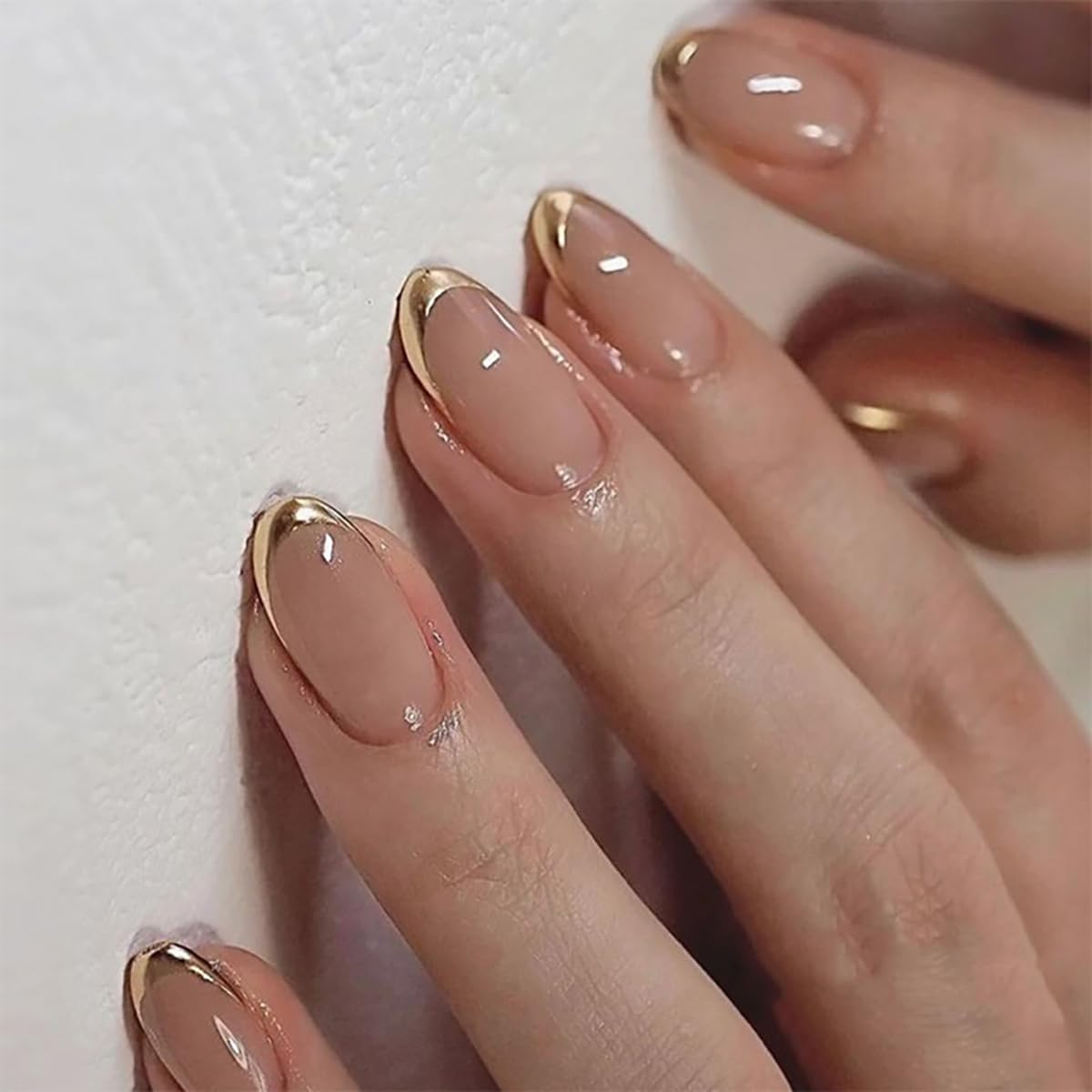 Photo 1 of Mivota Almond Press On Nail Short, Pink Fake Nails with Elegantly Crafted Gold French Tips, Glossy Gel Finish, Thick Natural Reusable Glue On Nails Kit for Women 24Pcs, Golden Chic