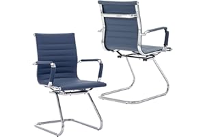 HNY Leather Office Guest Chairs & Reception Chairs Set of 2, Modern Waiting Room Chairs with Arms, Desk Chair no Wheels with Sled Base for Waiting Room/Conference Room, Navy