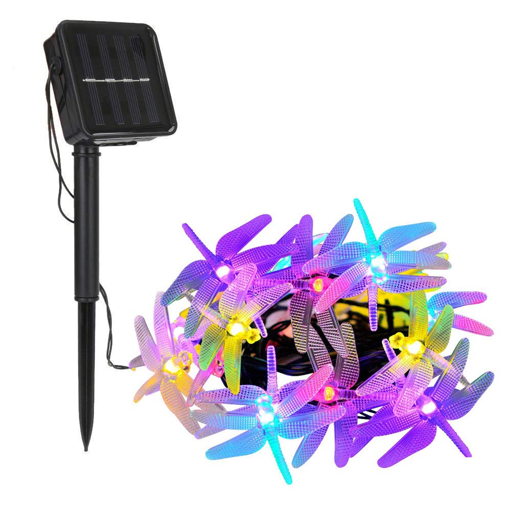 DINOWIN Dragonfly Solar String Lights Outdoor, 20ft 30 LED Waterproof Fairy Lights Decorative Lighting for Indoor/Outdoor Home Garden Lawn Fence Patio Party and Holiday Decorations (Multicolor)