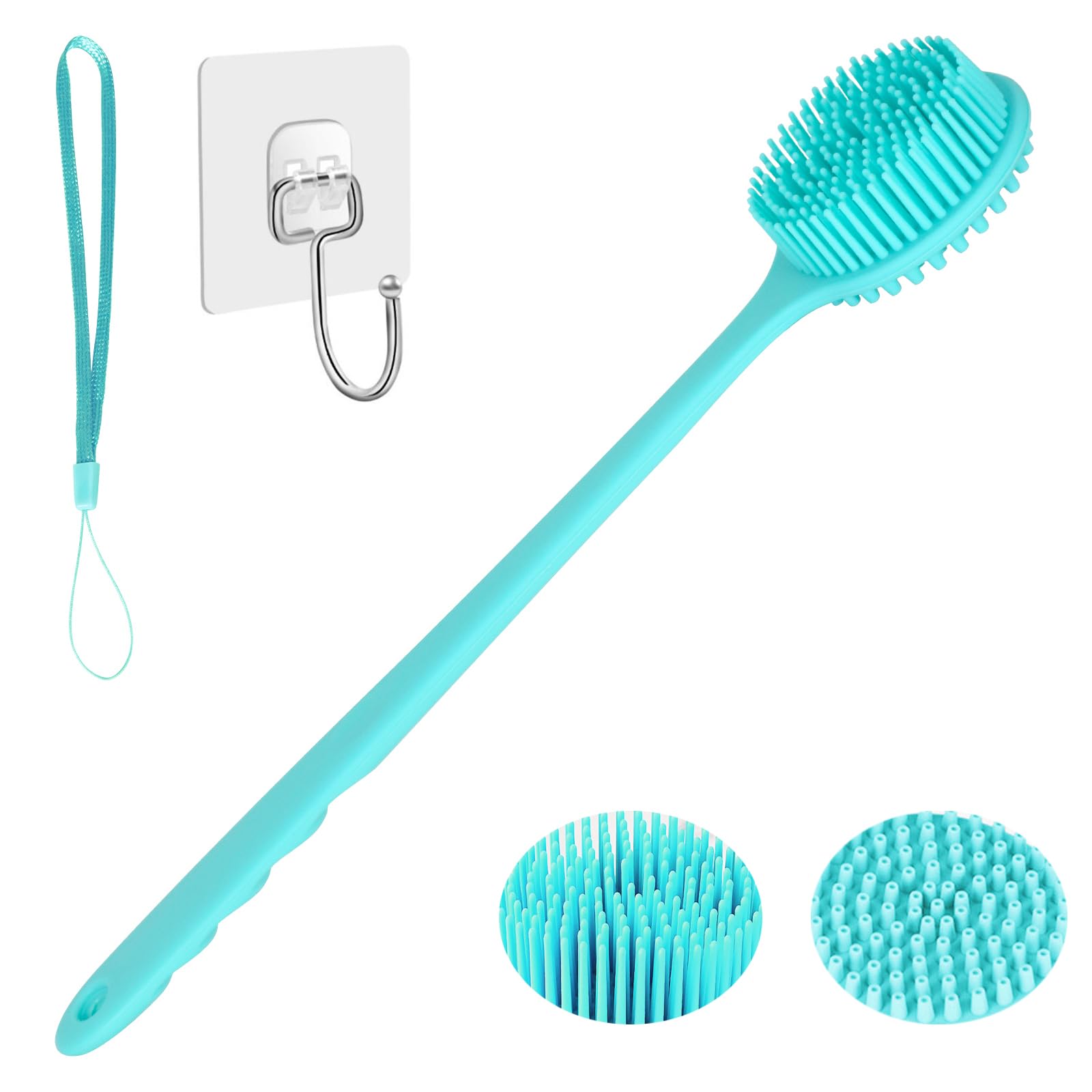 KXF Silicone Back Scrubber 37.5cm Long Handle Double-Sided Shower Body Brush Body Scrubber Bath Wash Brush with Soft Lathering Bristles and Stiff Massage Nodes Gentle Exfoliating Showering Exfoliator