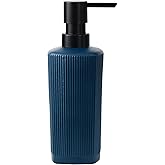 Hzxcuim 12 oz Glass Soap Dispenser with Vertical Stripe with Black Plastic Rustproof Pump, Small Refillable Soap Dispenser for Kitchen and Bathroom (Dark Blue)